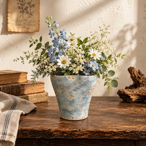 May include: A floral arrangement featuring light blue delphinium, white daisies, and small white filler flowers with green foliage. The flowers are contained in a tapered, textured ceramic pot with a distressed blue and beige finish.
