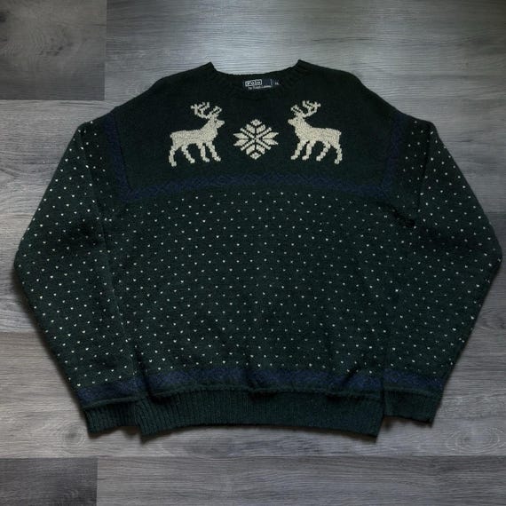 Vintage 90s Polo Ralph Lauren Wool Reindeer Sweater Mens XL Green Christmas Rare