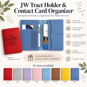 Peut inclure: Un porte-tracts et organisateur de cartes de contact JW en similicuir rouge et bleu. La couverture rouge porte l'inscription The best life ever. L'intérieur bleu comprend plusieurs fentes pour tracts et cartes. Huit couleurs sont présentées.