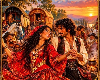 Può includere: Un poster intitolato SATRA raffigura una coppia che balla con un abito rosso a fiori e una camicia bianca con gilet. La scena include carri trainati da cavalli, un tramonto e un falò, incorniciati da un bordo dorato con rose rosse.