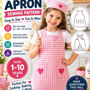 Puede incluir: Un conjunto de delantal y gorro de chef a cuadros rosas y blancos. El delantal cuenta con dos bolsillos delanteros con aplicaciones de corazones rosas. El texto en la imagen incluye KIDS APRON SEWING PATTERN, SIZES 1-10 YEARS y MAKE SOMETHING THEY WILL LOVE.