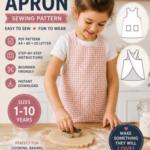 Può includere: Un cartamodello per grembiule da bambino a quadretti rosa e bianchi con il testo KIDS APRON SEWING PATTERN, EASY TO SEW FUN TO WEAR, PDF PATTERN A4 A0 US LETTER, STEP-BY-STEP INSTRUCTIONS, BEGINNER FRIENDLY, INSTANT DOWNLOAD, SIZES 1-10 YEARS.