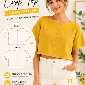 Könnte beinhalten: Ein Schnittmuster für ein kastiges bauchfreies Oberteil mit dem Text BOXY Crop Top SEWING PATTERN, EASY TO SEW, FUN TO WEAR!, BEGINNER FRIENDLY, EASY & QUICK, ENDLESS POSSIBILITIES, 11 SIZE XXS - 6XL und SIMPLE STYLISH HANDMADE BY YOU.