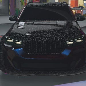 May include: A dark-coloured SUV featuring a distinctive forged carbon fibre bonnet with integrated vents, a blacked-out front grille, and sleek LED headlights. The vehicle body displays a deep blue metallic finish on the lower front bumper area.