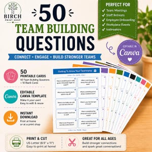 Puede incluir: Un conjunto de 50 tarjetas de preguntas para trabajo en equipo imprimibles con una plantilla de Canva editable. Las tarjetas incluyen indicaciones como Getting To Know Your Teammates. El texto incluye Birch Print Shop y detalles.