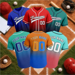 May include: A collection of six short-sleeved baseball jerseys in various colors including blue, red, teal, and orange. The front designs feature the text Teamname and the number 00, while the back designs display the text Your Name and 00.