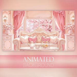 May include: A pink-toned room featuring a tufted sofa with heart-shaped pillows, a tea set, and a tiered dessert stand on a coffee table. The scene includes pink curtains, floral arrangements on side cabinets, and a window view of cherry blossoms.