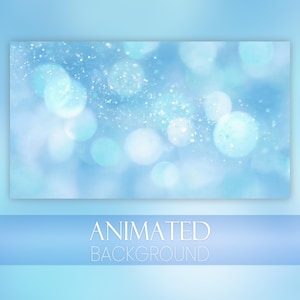 以下が含まれることがあります： 柔らかくぼやけたライトブルーの背景に、白い円形のボケ光効果と散らばった輝きが特徴の長方形のデジタルグラフィック。下部の水平な青いバナーには、白いテキストでANIMATED BACKGROUNDと表示されています。