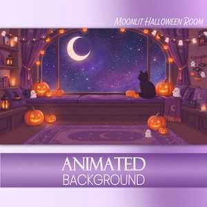Op de afbeelding: Een geanimeerde achtergrond getiteld MOONLIT HALLOWEEN ROOM met een paars interieur en een groot raam dat uitkijkt op een halve maan en een sterrenhemel. De scène bevat oranje pompoenen, witte spookfiguren en een zwarte kat.