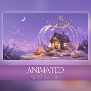 May include: A clear glass pumpkin-shaped enclosure containing a miniature cottage, a small white ghost, and a black cat. The scene is set on a stone surface with additional pumpkins nearby under a purple twilight sky with a crescent moon.