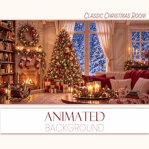 Fondo navideño para VTubers: Habitación animada con chimenea, nieve y 5 superposiciones de mesa.