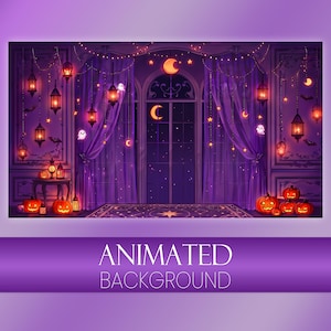 Fondo animado de habitación de Halloween morada / Vídeo en bucle espeluznante y adorable, fondos para VTuber Twitch OBS Zoom