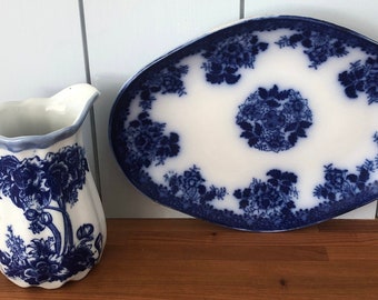 Antique Flow Blue Platter and Pitcher
