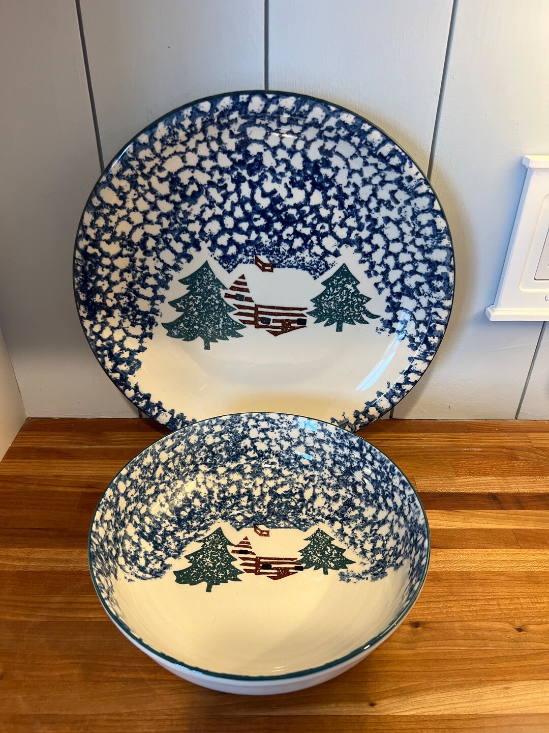 Folk Craft Cabin in the Snow Platter and Serving Bowl Set Etsy