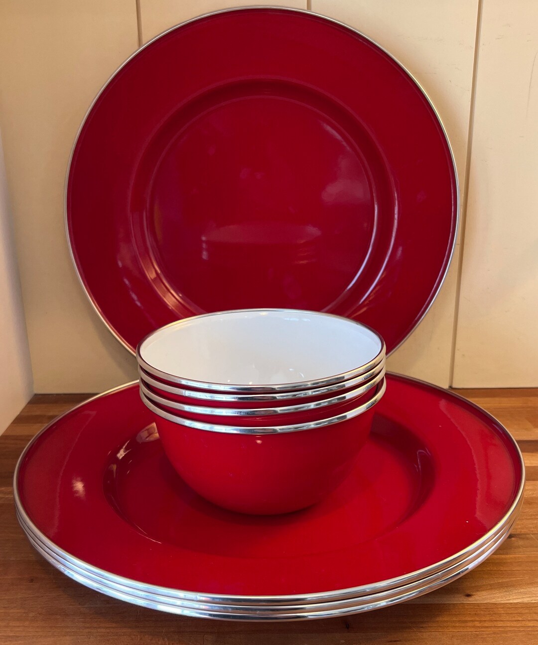 Pottery Barn Red Enamel Chargers and Bowls 4 Each Etsy