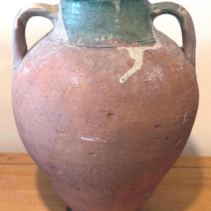 Antique Confit Pot with Green Glazed Rim And Double Handled