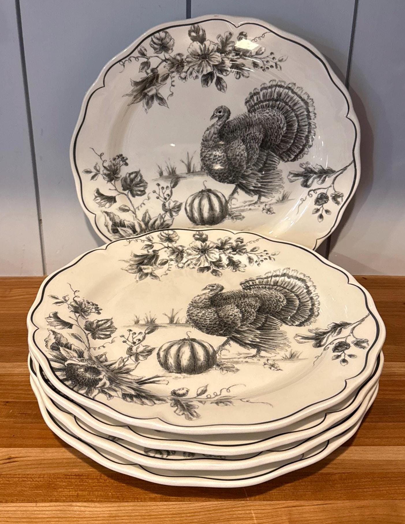 Black and White Thanksgiving Turkey Luncheon Plates  (set of 5)