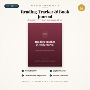 May include: A maroon digital reading tracker and book journal with white text reading Reading Tracker & Book Journal. The cover features a book icon, 14 pages label, and details including Printable PDF, Digital Planner, and US Letter 8.5 x 11 size.