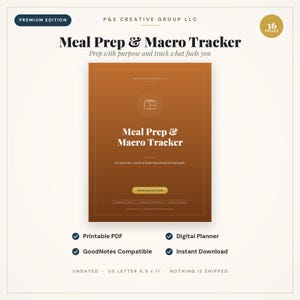 May include: A digital Meal Prep & Macro Tracker planner in a brown gradient cover with white text. The cover features the title, a food container icon, and the text Premium Edition. It is an 8.5 x 11 inch printable PDF, GoodNotes compatible, and undated.