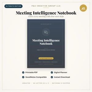 May include: A dark blue Meeting Intelligence Notebook digital planner cover with white text reading Meeting Intelligence Notebook, Capture every decision, Own every action item, and Ultimate Bundle Edition. Includes 49 pages, 8.5 x 11 inches.
