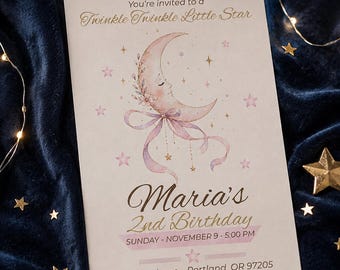 Twinkle Twinkle Little Star Birthday Invitation | Watercolor Moon & Stars (Canva Template)