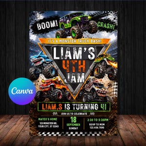 May include: A monster truck themed birthday invitation featuring four colorful monster trucks, a large triangular center graphic, and text including BOOM, CRASH, LIAM'S 4TH JAM, LIAM,S IS TURNING 4, MATEO'S HOME, 123 MONSTER RD, 18 SEPTEMBER, and 2:30 TO 5:30PM.