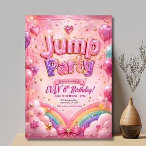 Puede incluir: Una invitación de cumpleaños rosa con el título Jump Party en letras estilo globo 3D. El diseño presenta un arcoíris, nubes, estrellas y corazones. El texto incluye Join us to celebrate EVAN 6th Birthday, June 24th, 8PM-9PM, 1674 Rainbow Way, Happyville, CA 32154 y RSVP to Lisa at (555) 123-7654.