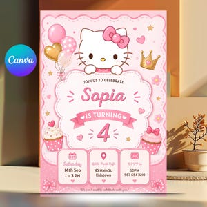May include: A pink birthday invitation card featuring a white cat character with a pink bow, gold crown, balloons, and cupcakes. The text reads: JOIN US TO CELEBRATE Sopia IS TURNING 4, Saturday 14th Sep 1-3 PM, Little Park Cafe 45 Main St. Kidstown, RSVP to SOPIA 987 654 3210.