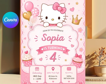 Kitty Birthday Invitation Template, Pink Cat Birthday Invite, Cute Kitty Birthday Party Invitation, Editable Canva Invite digital download
