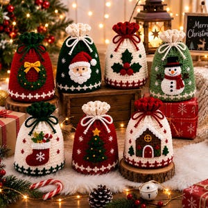 Può includere: Una collezione di sette sacchetti regalo all'uncinetto con coulisse e motivi natalizi festivi, tra cui Babbo Natale, pupazzo di neve, ghirlanda, agrifoglio, calza, albero di Natale e casetta di pan di zenzero in filato crema, rosso e verde.