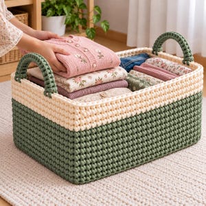 May include: A rectangular storage basket made of thick, braided cord with a dark green base and a cream-colored top rim. The basket features two sturdy, matching dark green braided handles on the sides and is filled with folded clothing items.