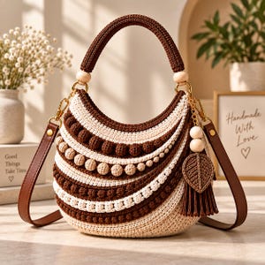 Puede incluir: Un bolso de ganchillo en forma de media luna con bandas alternas de hilo marrón oscuro y crema. El bolso incluye filas de puntos texturizados, un asa redondeada y una correa de cuero marrón desmontable. Una borla decorativa con un dije en forma de hoja cuelga de una anilla de metal dorado en el lateral.