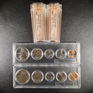 May include: Two clear plastic tubes containing 2009-P and 2009-D Lincoln Cent Professional Life coins, labeled MS65 RD or Better. Below are two clear plastic Whitman coin holders, each containing five coins with the text 1776-2026 P and 1776-2026 D.