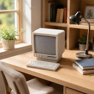 May include: A miniature off-white desktop computer model featuring a boxy monitor with a grey screen and a separate rectangular keyboard. The computer unit includes three small circular buttons and a horizontal slot below the screen display.