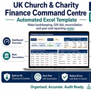 May include: An automated Excel template for UK church and charity finance, displayed on a laptop screen. The dashboard shows financial data, including income, expenses, and net totals. Features include dashboard overview, bank reconciliation, gift aid tracking, and year-end reporting tools for organized bookkeeping.
