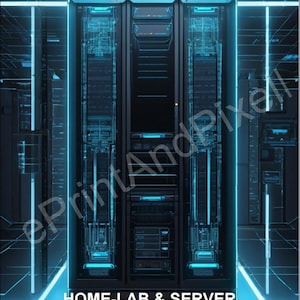 Puede incluir: Un armario de servidor negro con patrones de circuitos digitales en azul brillante en las puertas de cristal. El texto dice HOME-LAB & SERVER DOKUMENTATION, seguido de Professionelles Tracking für Netzwerke, Docker-Container & Backups.