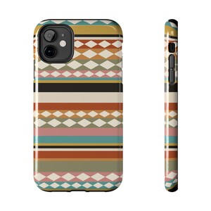 May include: A smartphone case featuring a repeating horizontal pattern of diamonds and solid stripes in shades of mustard yellow, terracotta orange, sage green, dusty pink, teal, black, and cream, with a dual-camera cutout on the back.
