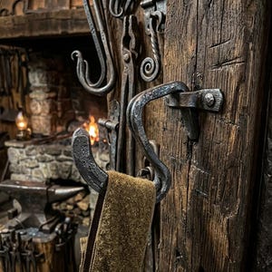 May include: A hand-forged iron S-hook mounted on a dark, weathered wooden beam. The metal hook features a textured, dark gray finish and holds a strip of brown, coarse fabric. Additional iron hooks and tools are visible on the wooden surface.