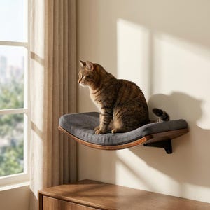 May include: A brown tabby cat sits on a curved, wall-mounted cat perch. The perch features a dark gray fabric cushion resting on a wooden base, which is secured to the wall with a black metal bracket, providing a raised platform for the cat.