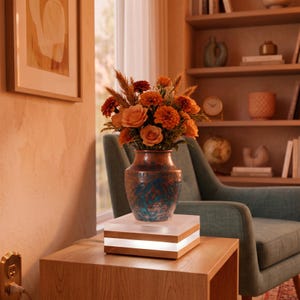 May include: A decorative vase with a textured copper and blue finish, filled with a bouquet of orange and rust-colored flowers and dried grasses, resting on a square, illuminated wooden base with a glowing white light strip.