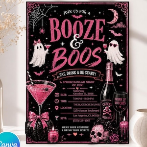 Può includere: Un invito per una festa di Halloween nero con testo rosa che recita BOOZE & BOOS, EAT, DRINK & BE SCARY. Include illustrazioni di fantasmi, un bicchiere da martini, una bottiglia di champagne, un teschio e i dettagli dell'evento del 31 ottobre 2026.