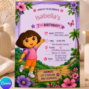 May include: A purple birthday invitation card featuring Dora the Explorer, a tropical forest background, and text: JOIN US TO CELEBRATE Isabella's 7th BIRTHDAY! DATE: SATURDAY MAY 24TH, 2025, TIME: 6:00 PM, PLACE: The Garden Venue 1234 Blooming Lane Miami, FL 33101.