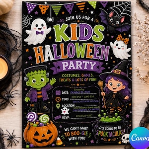 Può includere: Un invito rettangolare per una festa di Halloween con sfondo nero e testo colorato che recita JOIN US FOR A KIDS HALLOWEEN PARTY. Le illustrazioni includono un fantasma, un pipistrello, una strega, un mostro di Frankenstein, una zucca e un calderone.