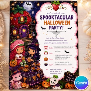 Può includere: Un invito per una festa di Halloween con una casa a forma di fragola, due personaggi in costume e un gatto. Il testo recita: You're invited to a SPOOKTACULAR HALLOWEEN PARTY! Date: THURSDAY OCTOBER 31ST, Time: 6:00 PM, Place: THE HAUNTED HOUSE 1234 Pumpkin Lane Miami, FL 33101, RSVP: BY OCTOBER 20TH TO EMILY (305) 123-4567.