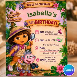 Pode incluir: Um convite de aniversário com um personagem explorador e um macaco em uma selva. O texto diz: Isabella's 5th BIRTHDAY! JOIN US TO CELEBRATE! DATE: SATURDAY MAY 24TH, 2025, TIME: 6:00 PM, PLACE: 1234 Blooming Lane, Miami, FL 33101.