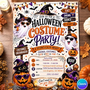 Può includere: Un volantino d'invito per una festa in maschera di Halloween con fantasmi, un gatto nero con cappello da strega e zucche con occhiali da sole. Il testo recita Join Us For A Halloween Costume Party, A Spooktacular Night e i dettagli dell'evento.