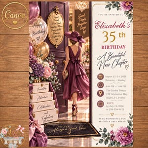 May include: A 35th birthday invitation card featuring a person in a plum dress and hat standing in a doorway. The text includes Elizabeth's 35th Birthday, A Beautiful New Chapter, date August 22-24, 2026, time 6:00 PM-11:00 PM, and location details.