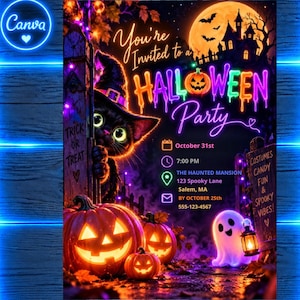 Può includere: Un volantino di invito per una festa di Halloween con un gatto nero con cappello da strega, zucche luminose e un fantasma che tiene una lanterna. Il testo include You're Invited to a HALLOWEEN Party, October 31st, 7:00 PM, The Haunted Mansion.
