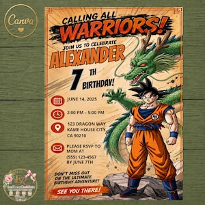 May include: A birthday invitation card featuring a green dragon and a character in an orange martial arts uniform. Text reads: CALLING ALL WARRIORS! JOIN US TO CELEBRATE ALEXANDER 7TH BIRTHDAY! JUNE 14, 2025, 2:00 PM - 5:00 PM, 123 DRAGON WAY, CA 90210.