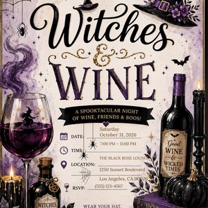 Pu&ograve; includere: Un volantino d'invito per l'evento Witches & Wine con grafiche viola e nere di un cappello da strega, calice di vino, bottiglia, candele e libri. Il testo include la data del 31 ottobre 2026, l'orario e il luogo dell'evento.